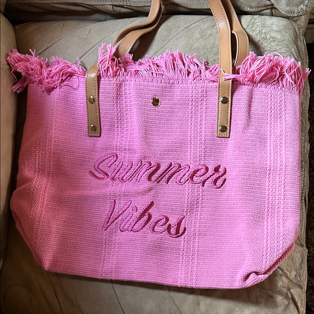 Pink 'Summer Vibes' Fringe Tote Bag